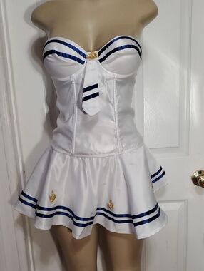 Frederick's of Hollywood White Strapless Sailor Set  Chemise with Navy Trim